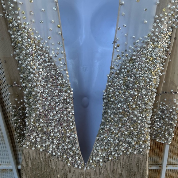 Vintage elegant cocktail dress beige sheer beads pearls sequins Peak Evenings XS - Picture 10 of 13